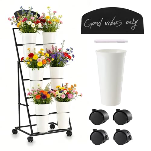 Flower stand Flower stand with buckets Suitable for flower shops, celebration events, and indoor and outdoor flower bar 6-bottle Flower Display Stand, Flower cart equipped with a blackboard and wheels - color: Black