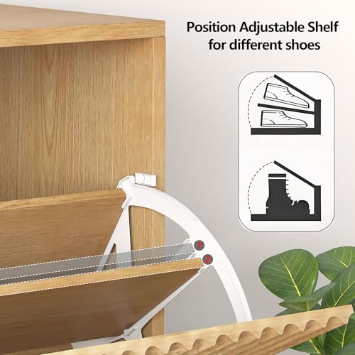 GarveeHome Fluted Shoe Storage for Entryway, Slim Narrow Shoe Cabinet with 2 Flip Drawers, Open Bottom Shelf & Side Hooks, Freestanding Shoe Organizer for Hallway Foyer