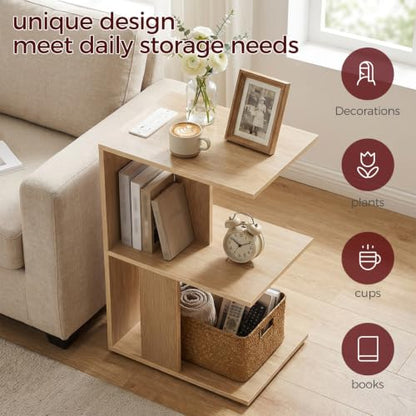 MAHANCRIS End Table with Charging Station, C-Shaped Narrow Side Table, Natural Nightstand with Storage, Narrow Bedside Table for Small Spaces, End Tables Living Room, Bedroom, Easy Assembly, ETNA18E01 - color: Natural