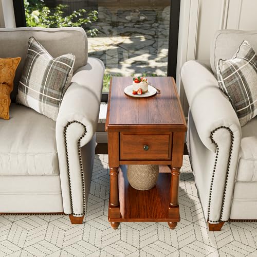 Narrow End Table with Drawer and Storage Shelf, Solid Wood Sofa Side Tables, Slim Beside Table-, Telephone for Small Spaces, Living Room, 22"L x 13"W x 22.7"H No-tools Assembly Caramel Brown BBJ004DR - color: Caramel Brown