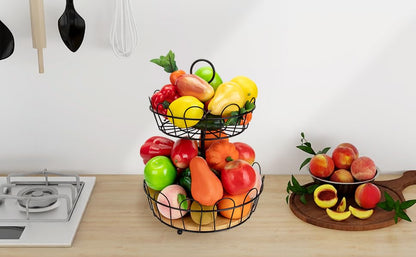 HANZE 2-Tier Farmhouse Fruit Basket Stand, Wire Fruit Vegetables Countertop Storage Rack, Multifunctional Detachable Bread Snack Holder Bowl for Kitchen and Bathroom Organization - Black - color: 2-Tier(Black)
