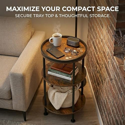 Small Round Side Table with Tray Top, Rustic Brown | Patented Design, 11.8" Narrow End Table for Small Spaces, 3-Tier Industrial Accent Table for Living Room Bedroom Nightstand - color: Rustic Brown, style: Classic