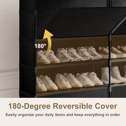Shoe Storage Cabinet with Door, 42 Pairs Shoe Rack 2 by 7 Tier Space Saving Plastic Shoe Organizer with Cover for Closet, Hallway, Living Room, Bedroom, Garage, Black - size: 2 by 7(42 Pairs)