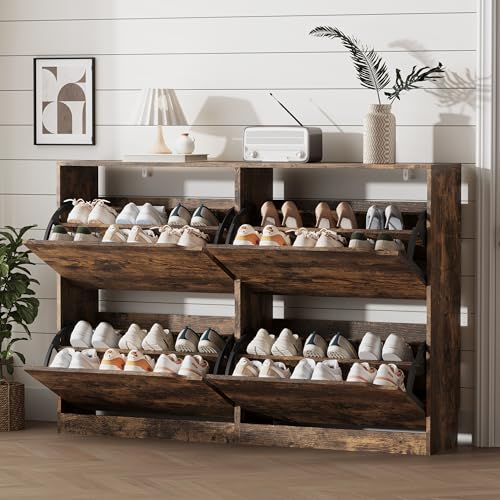Xixini Shoe Storage Cabinet for Entryway with 4 Flip Drawers, Sturdy Wood Hidden Shoe Storage, Freestanding Narrow Slim Shoe Organizer for Front Door Entrance, Living Room, Hallway, Bedroom, Brown - color: Brown, size: 4 Drawers without Rack