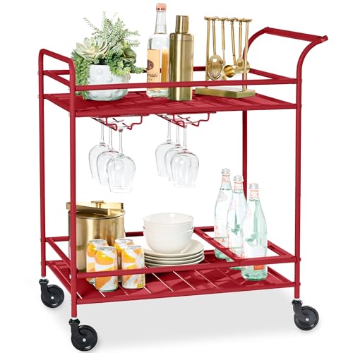 Best Choice Products Rolling Bar Cart, Mobile Home Bar Serving Cart, Serving Station w/ 2 Tier Shelves, Wine Rack, Lockable Wheels - Red - color: Red