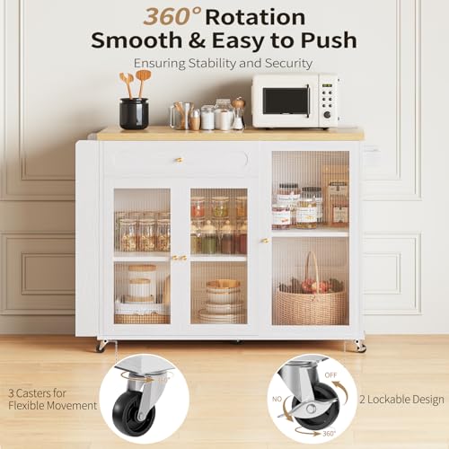 Kitchen Island with Power Outlet - Kitchen Cart on Wheels with Storage Cabinets & Drawers, Rolling Island Table with Spice & Towel Rack, Portable Islands with Large Wood Counter, Dinning Room - color: White