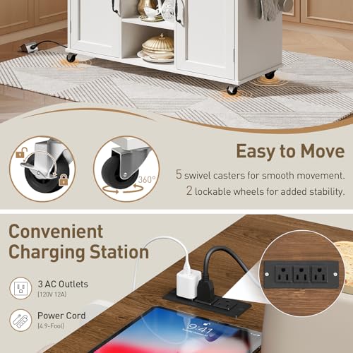 RALGEND Kitchen Island with Storage, Kitchen Rolling Island on Wheels with Power Outlet & Drop Leaf, Kitchen Island Cart with Drawer and Spice Rack, Mobile Island Table for Kitchen,White and Walnut