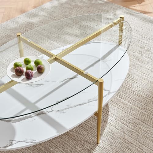 LumFurn Oval Glass Coffee Table, Mid-Century Modern Design, L43 x W22 x H17 inch, Surfboard Shaped Clear Glass Top and White Marble Finish Wood Shelf, Tapered Legs with Gold Finish Frame - color: Clear & White Marble, size: L43" Surfboard Coffee Table