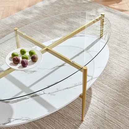 LumFurn Oval Glass Coffee Table, Mid-Century Modern Design, L43 x W22 x H17 inch, Surfboard Shaped Clear Glass Top and White Marble Finish Wood Shelf, Tapered Legs with Gold Finish Frame - color: Clear & White Marble, size: L43" Surfboard Coffee Table