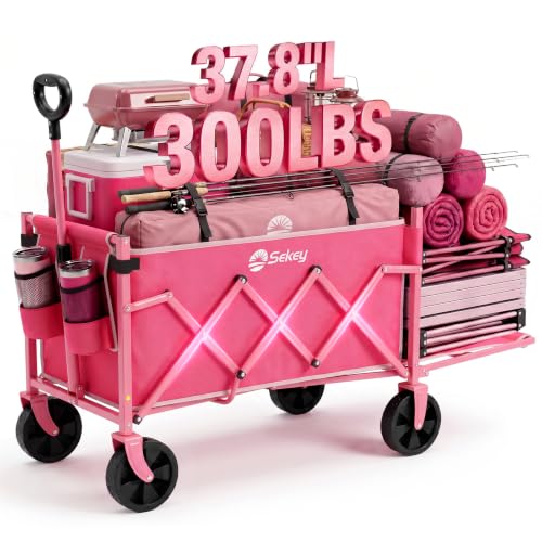 Sekey Collapsible Wagon Cart with Drop-Down Tailgate, 300 lb Capacity - color: Pink, size: 300 lbs
