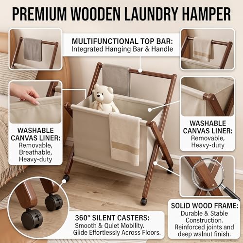 Foldable laundry cart with X-Frame – Small Bamboo wood laundry hamper | laundry basket on wheels Bathroom, RV, Dorm Collapsible Space Saving Clothes Hamper with Removable Cotton Liner