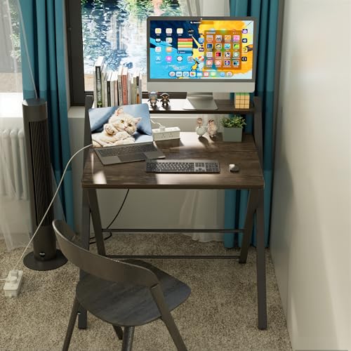 GreenForest No Assembly Folding Desk, 2-Tier Compact Computer Desk with Shelf, 30 inch Space Saving Foldable Table for Home Office, Dorm or Apartment, Portable Collapsible Sturdy Laptop Desk, Brown | Portable Foldable Table for Laptop, 2-Tier Compact with