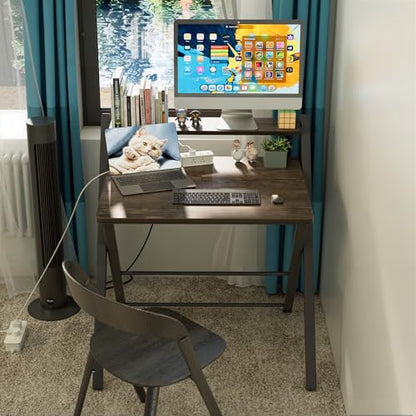 GreenForest No Assembly Folding Desk, 2-Tier Compact Computer Desk with Shelf, 30 inch Space Saving Foldable Table for Home Office, Dorm or Apartment, Portable Collapsible Sturdy Laptop Desk, Brown | Portable Foldable Table for Laptop, 2-Tier Compact with