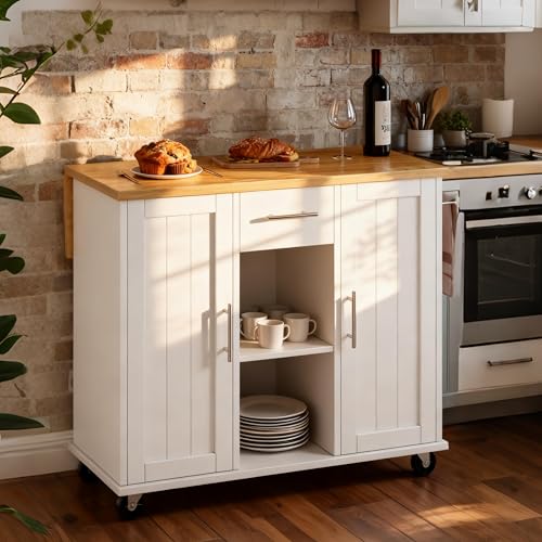 SUNLEI Island Table for Kitchen with Storage, Portable Kitchen Island Cart with Drop Leaf, Rolling Kitchen Island Table with Drawer, Cabinet & Towel Rack, Farmhouse Kitchen Island, White - style: White