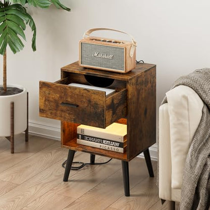 Aienvey Nightstand with Charging Station and LED Lights, Rustic Brown | Small Side Table, Bedside Table with Drawer, Modern Night Stand with Light/Power Strip, End Table for Bedroom, Living Room - color: Rustic Brown