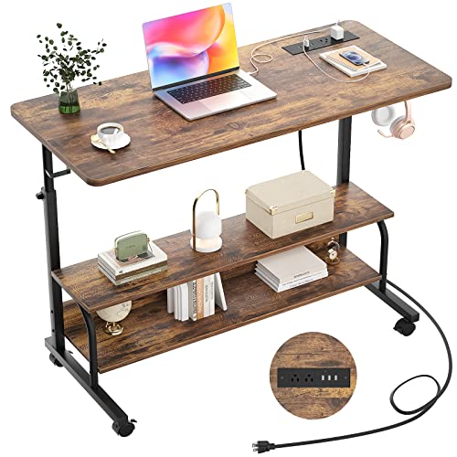 Armocity Rolling Standing Desk with Charging Station, Portable Height Adjustable Mobile Computer Desk with Wheels & 2-Tier Shelves & Hooks, Easy Assembly Laptop Table for Couch Bed, 39" Rustic Brown - color: Rustic Brown, size: 39''