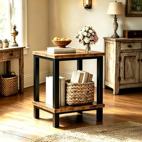 MMEOLUOOK Large End Table Square Side Table Modern Sofa Table 20 Inch Industrial Coffee Table NightStand with 2-Tier Storage Shelf for Living Room Bedroom Rustic Brown MLBZ06R - color: Rustic Brown