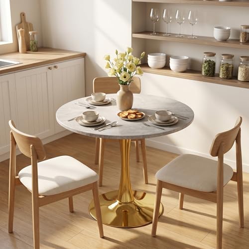 27.6" Marble Round Tulip Table, Mid-Century Modern Style Dining Table with Gold Pedestal Base for 2-4 People, Featuring A Marble Tabletop for Kitchen, Dining Room, Cafe (Light Grey) - color: Light Grey#gold