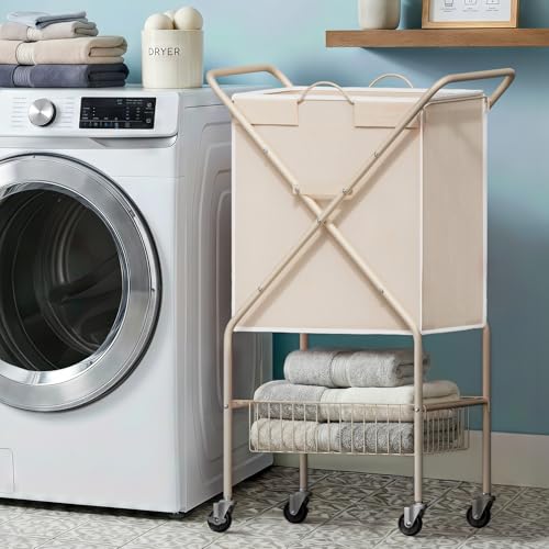 Laundry Basket with Wheels:88L Rolling Laundry Cart Foldable Metal Frame Dirty Clothes Laundry Hamper 36"H 4 Caster 2 Brake Waterproof Removable Liner Carry Handle for Dorm Laundry Room,Cream - color: Cream