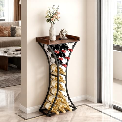 VEVOR 15 Bottle Wine Rack,Iron Freestanding Floor Wine Holder, Mini Bar Stand Liquor Cabinet with Wood Tabletop, for Home Bar,Kitchen,Living Room,Dining Room,16.9''L X 11.4''W X 35.2''H - size: 15 Bottles