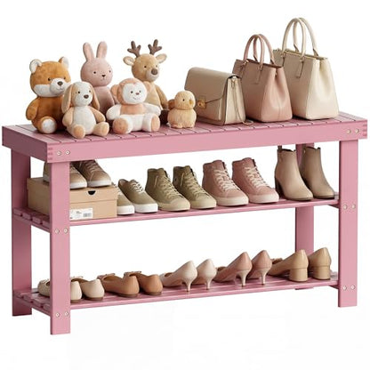 SMIBUY Bamboo Shoe Rack Bench, 3-Tier Shoe Organizer Storage Shelf for Entryway Hallway Bathroom Living Room (Pink) - color: Pink