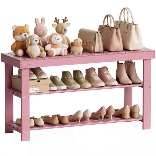 SMIBUY Bamboo Shoe Rack Bench, 3-Tier Shoe Organizer Storage Shelf for Entryway Hallway Bathroom Living Room (Pink) - color: Pink
