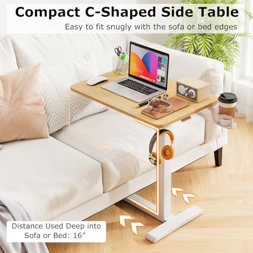 Tangkula Mobile Standing Desk, Pneumatic Height Adjustable Rolling Desk with Cup Holder & Headphone Hook, Overbed Table with Hidden Wheels, Laptop Computer Cart for Couch, Home, Office (Natural) - color: Natural
