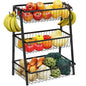 Simple Trending 3-Tier Trapezoidal Fruit Basket with 4 Banana Hooks, Extra Large Metal Wire Kitchen Organizer for Countertop - Rust-Proof for Fruits, Vegetables, Snacks, Bread Storage, Black - style: 3 Tier Black-Hooks