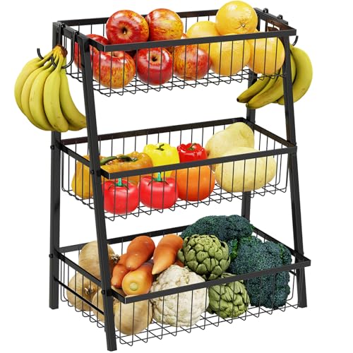 Simple Trending 3-Tier Trapezoidal Fruit Basket with 4 Banana Hooks, Extra Large Metal Wire Kitchen Organizer for Countertop - Rust-Proof for Fruits, Vegetables, Snacks, Bread Storage, Black - style: 3 Tier Black-Hooks