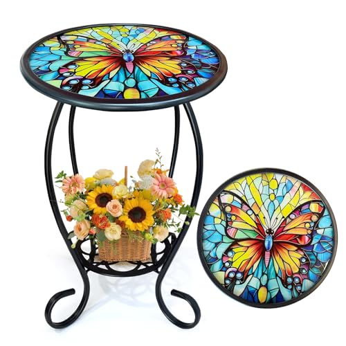 LIFFY Outdoor Side Table, 14" Round Mosaic Patio Table with Glass Butterfly Tabletop, 21" Height 2-Tier Indoor Small Decorative Plant Stand & End Table with Metal Frame for Home, Garden, Yard - color: Butterfly-14 Inches