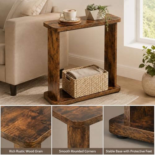 Narrow Side Table for Small Spaces, 7.9" Slim End Table with 2-Tier Open Storage Shelf, Modern Skinny Wood Sofa Table for Living Room, Bedroom, Nightstand, Couch (Rustic Brown) - color: Rustic Brown
