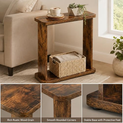 Narrow Side Table for Small Spaces, 7.9" Slim End Table with 2-Tier Open Storage Shelf, Modern Skinny Wood Sofa Table for Living Room, Bedroom, Nightstand, Couch (Rustic Brown) - color: Rustic Brown