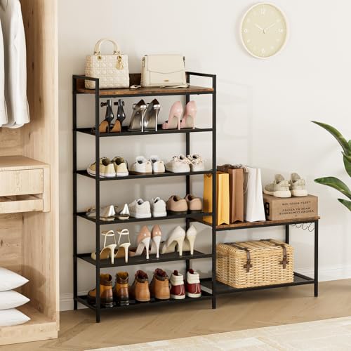 Shoe Rack Bench Storage Organizer for entryway,6-Tier Industrial Free Standing Shoe and Boot Racks with Seat,Entrance Shoe Rack Organizer Shelves for High Heels,Hallways, Closets,Brown,48.7in - size: 6 Tier-brown