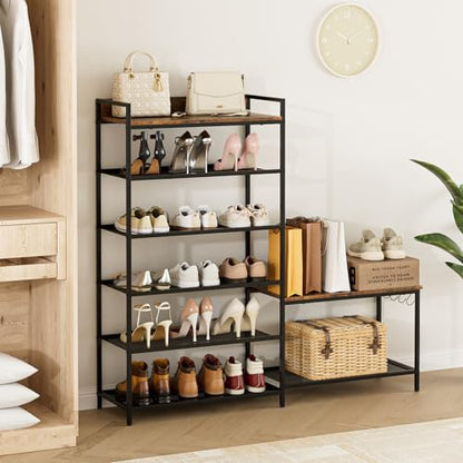 Shoe Rack Bench Storage Organizer for entryway,6-Tier Industrial Free Standing Shoe and Boot Racks with Seat,Entrance Shoe Rack Organizer Shelves for High Heels,Hallways, Closets,Brown,48.7in - size: 6 Tier-brown