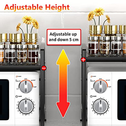 YIUKEA Extendable Microwave Oven Rack - Adjustable Kitchen counter shelf, 2 Tier Microwave Stand (L15.7~23.6" xW12.8 xH17.7) with 6 Hooks for Kitchen Countertop Organizer (Black) - color: Black