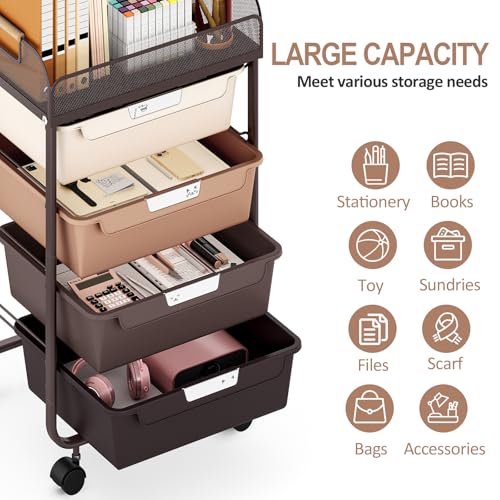 SYKIARIOL 4-Drawer Rolling Storage Cart with Mesh Top, Utility Craft Organizer Cart on Wheels with DIY Labels, Rolling Drawer Cart for Home Office Classroom Bedroom, Brown - color: Brown