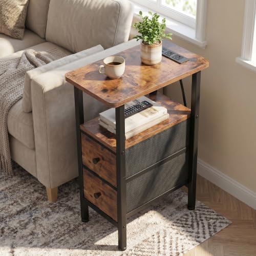 LOAKEKEL Narrow End Table with Charging Station, Side Tables Living Room | End Tables Living Room Set of 2, Skinny Nightstand with Fabric Drawers, Slim Sofa Table for Bedroom, Small Spaces, Brown - color: Rustic Brown + Black, style: Power