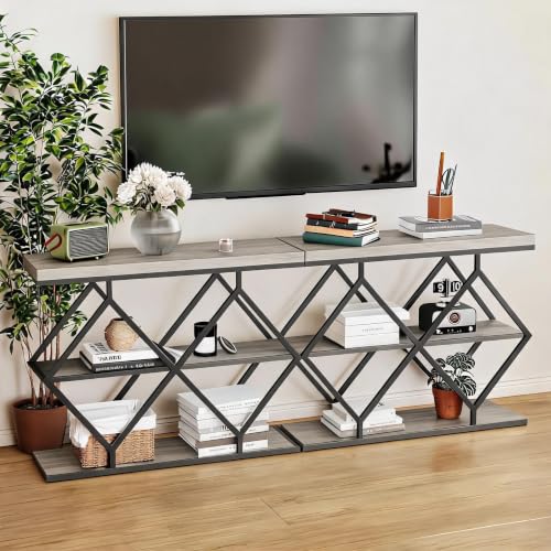 Garvee 3 Tier Console Table,39" Industrial Entryway Table,Open Wood Shelves | Sofa Table,Narrow Wood Accent Tables with Metal Frame for Hallway,Living Room,Behind Couch,Foyer,Entrance,Gray - color: Gray + Diamond-shaped