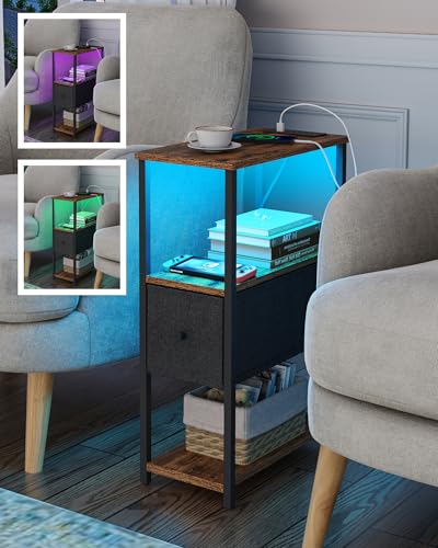 TUTOTAK Small Narrow LED End Table with Charging Station, Side Table Outlets, Nightstand with Cloth Drawer, Set of 2, Couch Table, for Living Room, Bedroom, Bedside, Brown and Black TB01BB059K - color: Brown and Black, style: 1 Drawer with Plug & Light