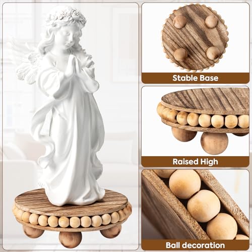 HouseJoy Round Wood Risers for Display：2P Beaded Riser Distressed Decor | Stable Wood Coaster-Rustic Farmhouse Pedestal Display Riser for Cake/Plant Stand/ Tiered-Ball Decoration-Raised High Holder