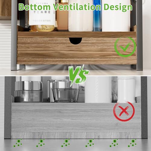 2-Tier Bathroom Counter Organizer, Wooden Vanity Shelf with Drawer & Basket | Pre-Drilled Holes, Skincare & Makeup Countertop Organizer and storage, Dark Brown - color: Dark Brown