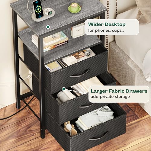 Huuger Night Stand with Charger Station and LED Lights, 3 Drawer Nightstand, Bed Side Table with Open Shelf, End Table, Tall Fabric Dresser for Bedroom, Grey - color: Grey, size: 11.8"D x 15.7"W x 27.6"H（3 Drawers）