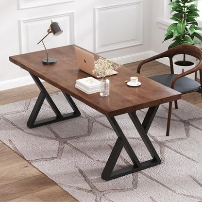 tiedingdingjiajuSolid Wood Desk 47 Inch, Rustic Wooden Writing Desk with Sturdy Metal Frame,Modern Simple Design Executive Real Wood Computer Desk for Home Office, Bedroom & Living Room - size: 47.24in