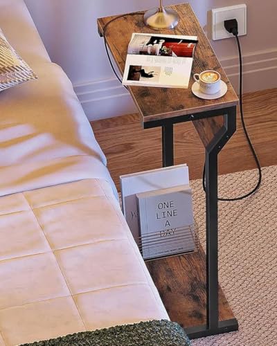 CHOEZON Narrow Side Table with Charging Station, 27" Skinny End Table for Small Spaces, Couch Table with Storage, Slim Tray Table with USB Ports, for Living Room, Bedroom, Rustic Brown TBZ27UBF - color: Rustic Brown + Black