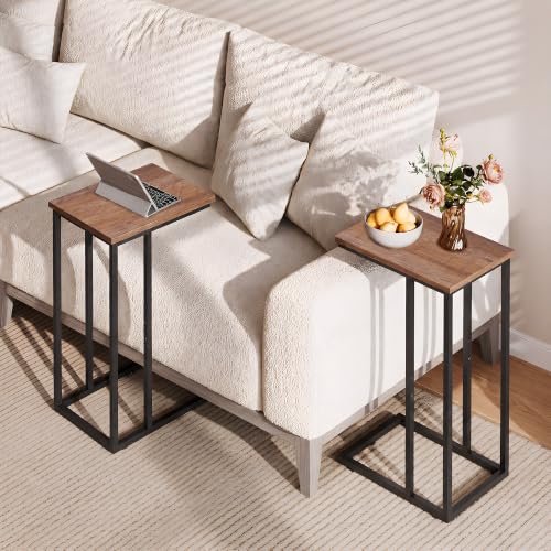 WLIVE C Shaped End Table, Small Side Tables for Sofa and Bed, Couch Table That Slides Under for Living Room, Bedroom, Home Office, Small Spaces - color: Brown