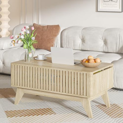 Lift Top Coffee Table with Hidden Compartment, Mid Century Modern Coffee Table for Living Room, Fluted Design Farmhouse Center Table with Storage (Wood, 35.4" W) - color: Wood