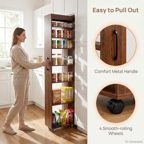 7-Tier Slim Mobile Shelving Cart with Wheels, Rolling Pantry with 7 Racks, Narrow Pull-Out Utility Cart, Space Saving Storage Organizer Carts for Kitchen Living Room Bathroom Narrow Spaces, Walnut - size: Walnut & 7.87"D x 17.72"W x 70.87"H