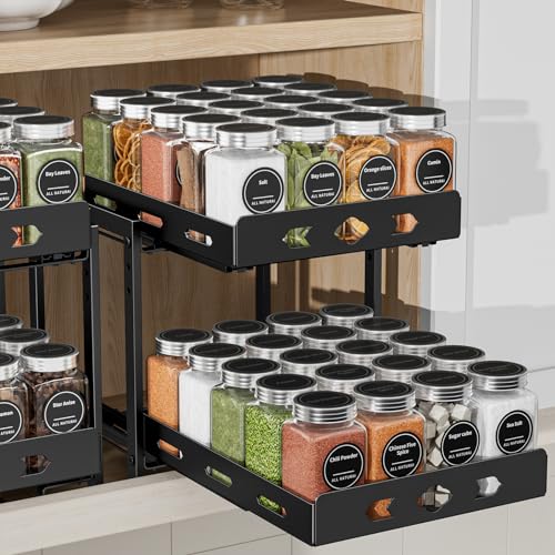 BOIVSHI Pull Out Spice Racks for Inside Cabinets, 2-Tier Cabinet Spice Rack, Height Adjustable Spice Rack Organizer for Cabinet, Kitchen Vertical Spice Rack (9.7''Wx10.8''Dx9.2''H, Metal Black) - size: 9.7''Wx10.8''Dx9.2''H,2 Tier