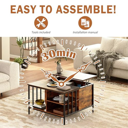 31.5" Farmhouse Coffee Table, Flip-Top Coffee Square Table with Storage Compartment, Wooden Rustic Cocktail Table for Living Room, Bedroom, Apartment, Studio, Dark Walnut - color: Dark Walnut