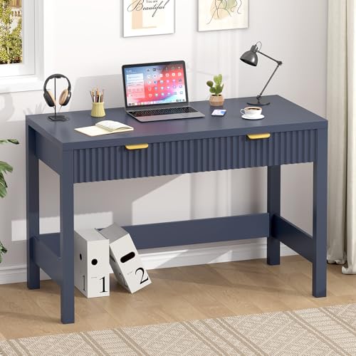 YOMILUVE Fluted Computer Desk with 2 Drawers, 39 Inch Small Computer Desk with Storage, Compact Writing Study Desk for Small Spaces, Blue - color: Blue